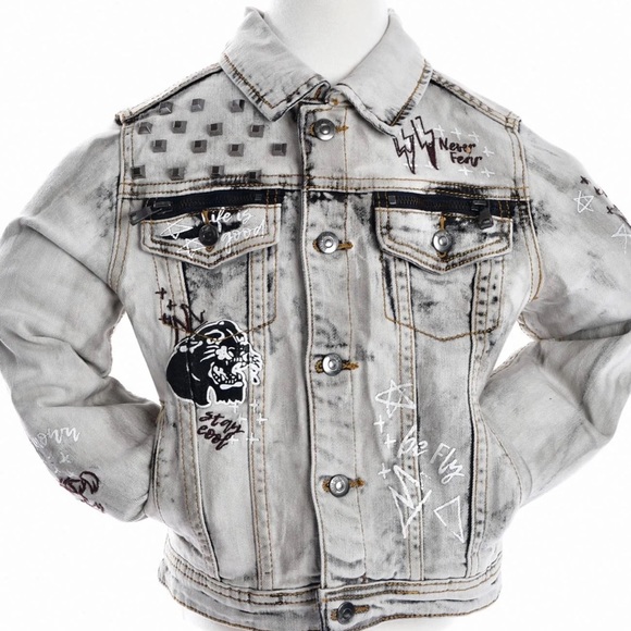 BOYS’ 8IGHTH DSTRKT GREY GRAFFITI BIKER JACKET - Picture 1 of 5